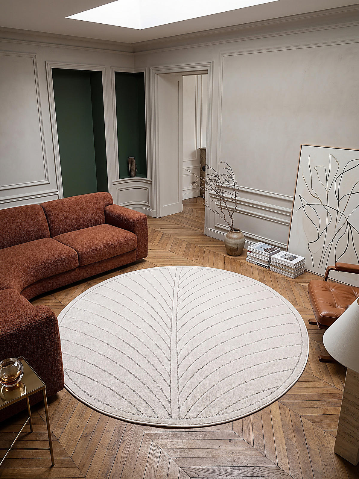 TEPPICH Outdoor, Fußbodenheizung-geeignet, mit Blattmotiv, aus Polypropylen, ENGADIN in Creme, Ø 160 cm - Beige, Textil (160/160cm) - KADIMA DESIGN