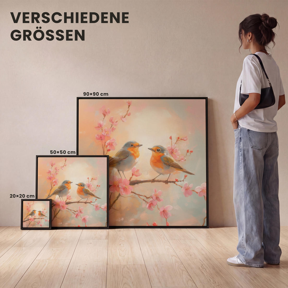 LEINWAND Bilder mit Rahmen - Rotkehlchen - Zierpflanze - Blütenzweig - 20x20 - Hellrosa, Textil (20/20cm) - MuchoWow