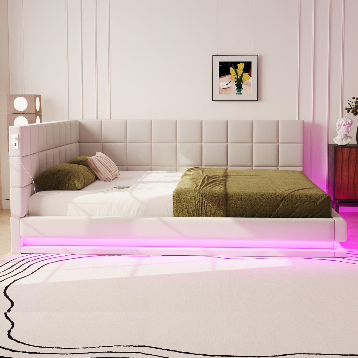 SCHLAFSOFA aus Leinenstoff 160x200 cm Beige mit LED-Beleuchtung, USB-Anschluss und Lattenrost - Beige, Textil (160/200cm) - IVMEU