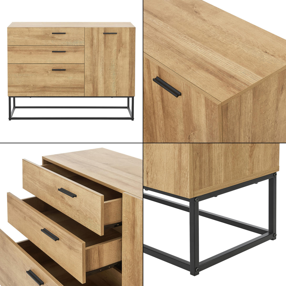 SIDEBOARD Lavangen - Eichefarben/Schwarz, Holzwerkstoff/Metall (100/75/35cm) - [en.casa]