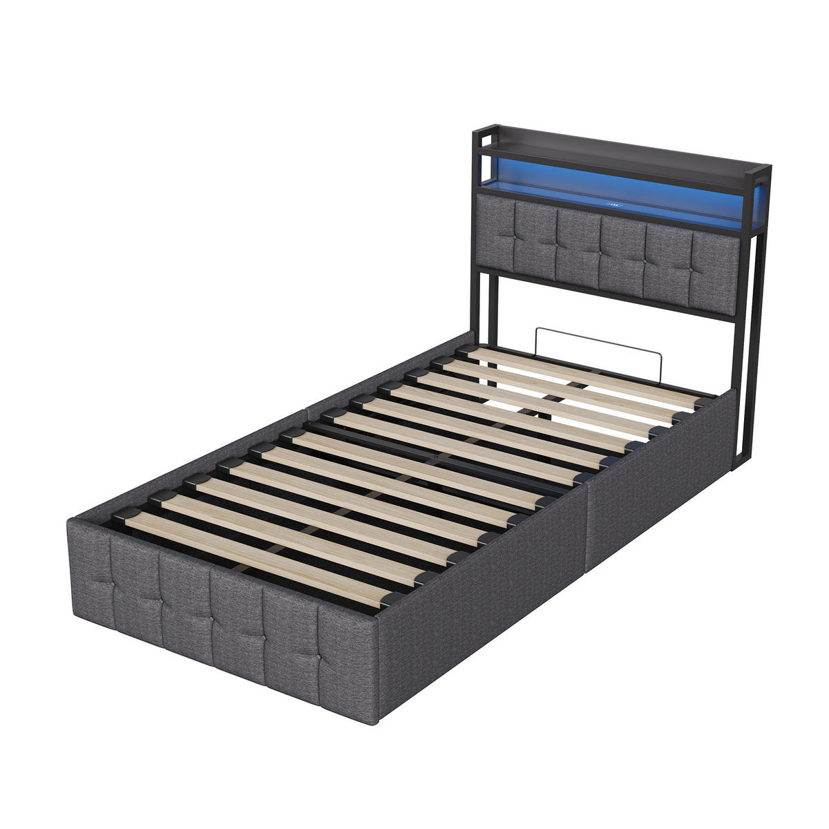 POLSTERBETT 90x200 cm Grau mit LED Beleuchtung, Kopfteil mit Ablage und USB/Type-C, Stauraumbett hydraulisch - Grau, Metall (90/200cm) - EuroLiving