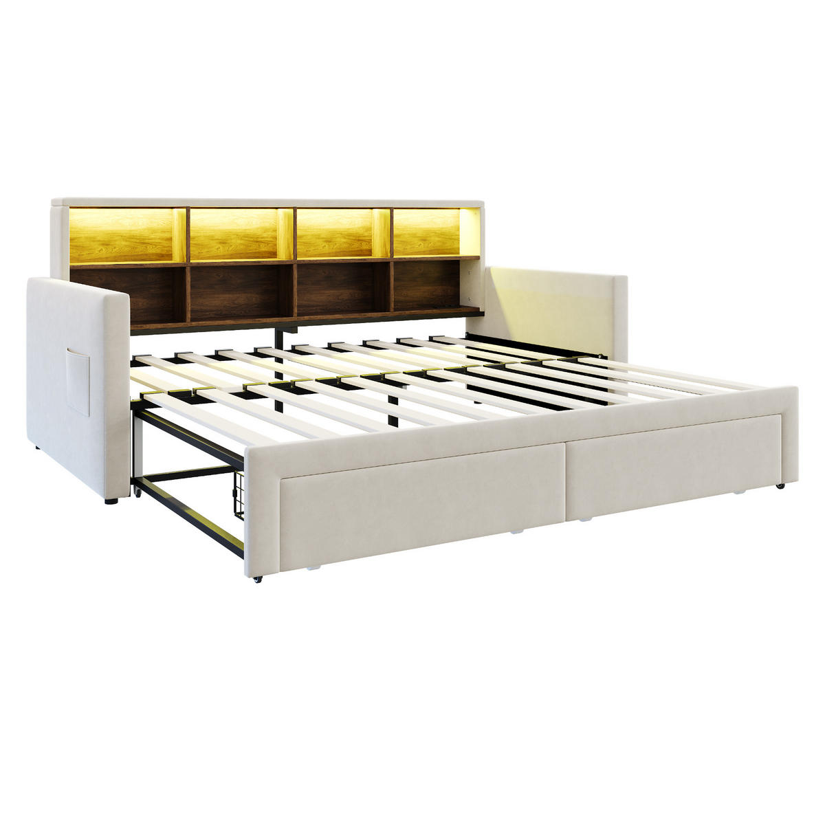 POLSTERBETT 90/180x190 Beige Samt LED Stauraum - Beige, Textil (180/190cm) - FLIEKS