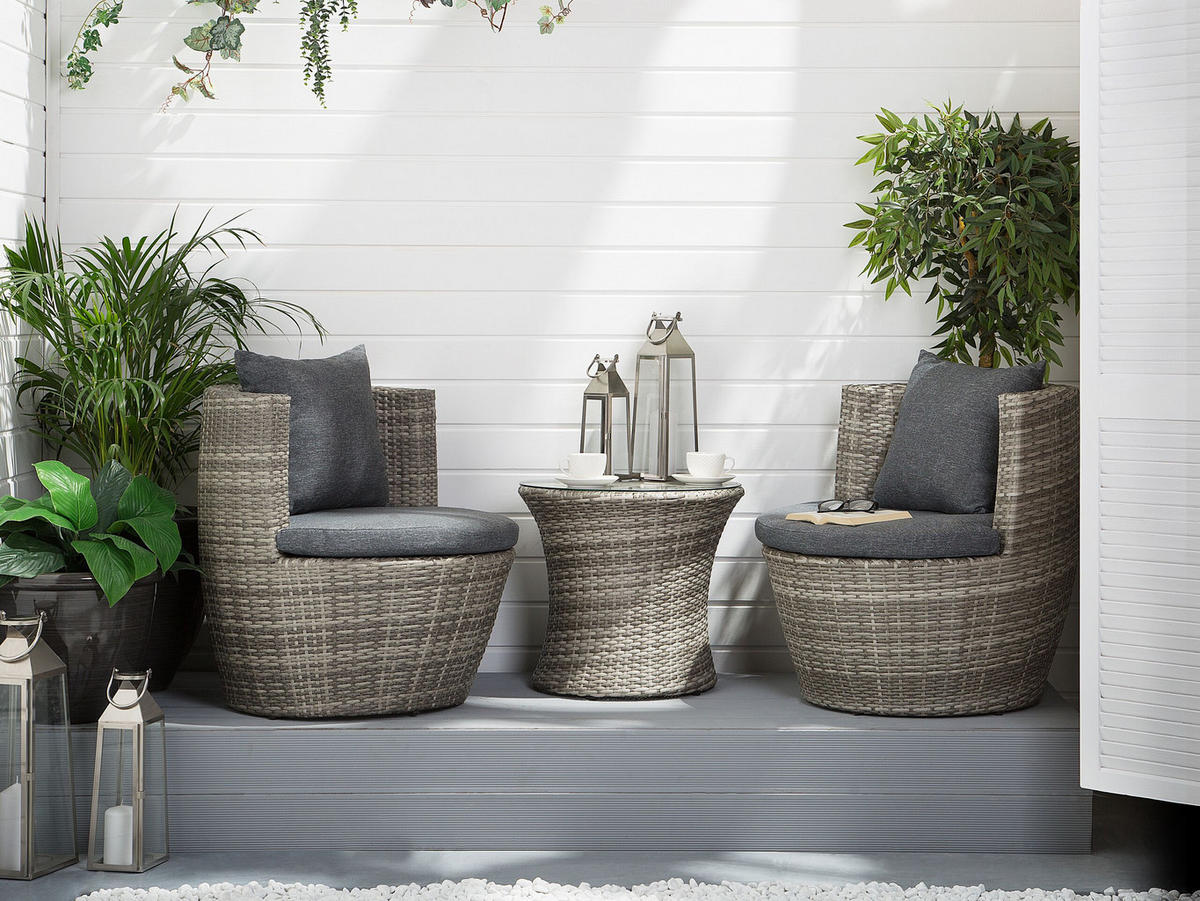 BALKONSET 2-Sitzer Rattan grau Auflagen grau Capri - Grau, Kunststoff/Textil - Beliani