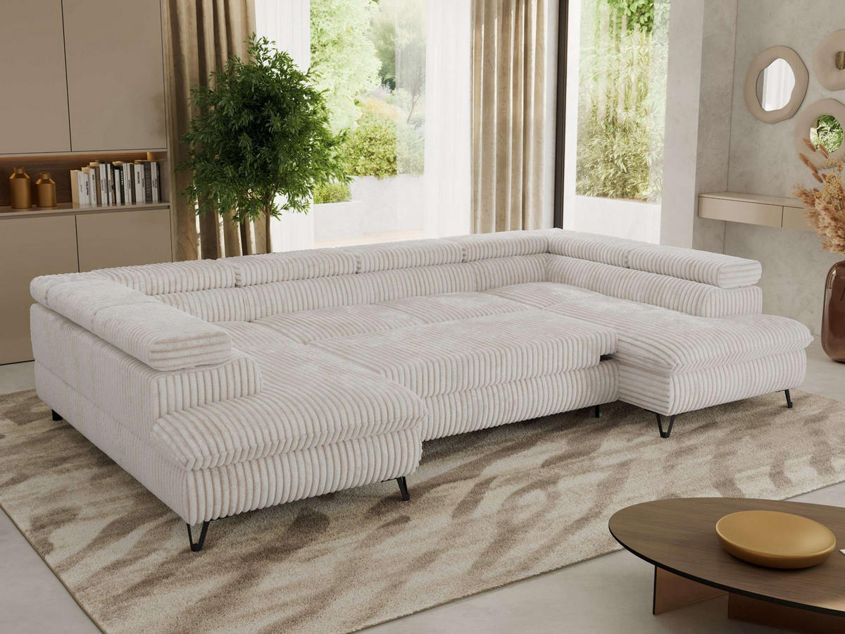 WOHNLANDSCHAFT PABLO U Cord Beige - Beige/Schwarz, Textil/Metall (346/76/208cm) - MKS