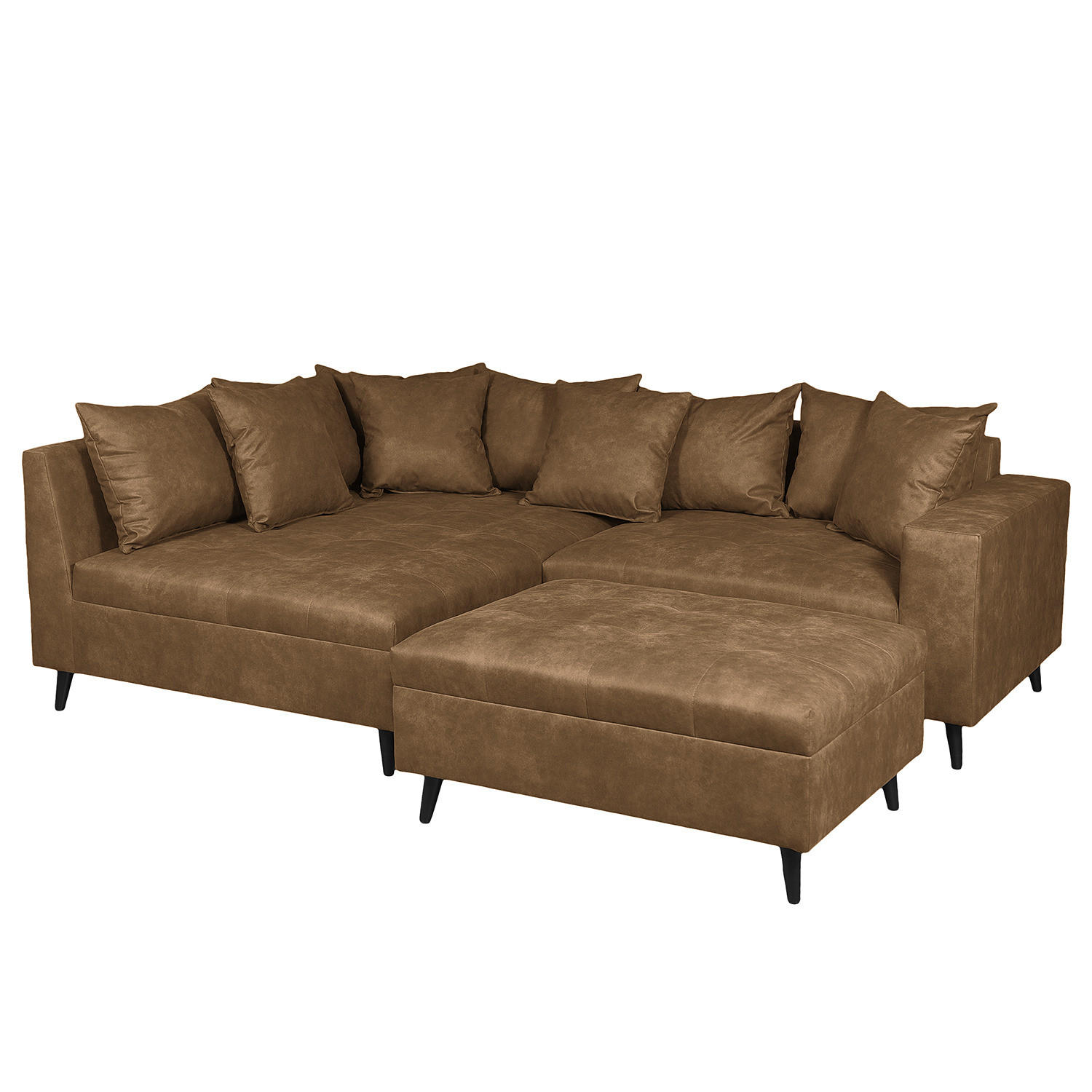 ECKSOFA mit Ottomane und Hocker - Schwarz/Braun, Birkenholz/Textil (247/174cm) - home24