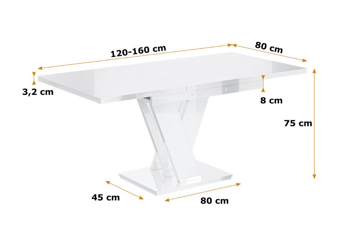 ESSTISCH ausziehbar 120 -160x80x75 cm - Hochglanz Weiß - ASIV - Weiß Hochglanz, Holzwerkstoff (120/80/75cm) - ALTDECOR