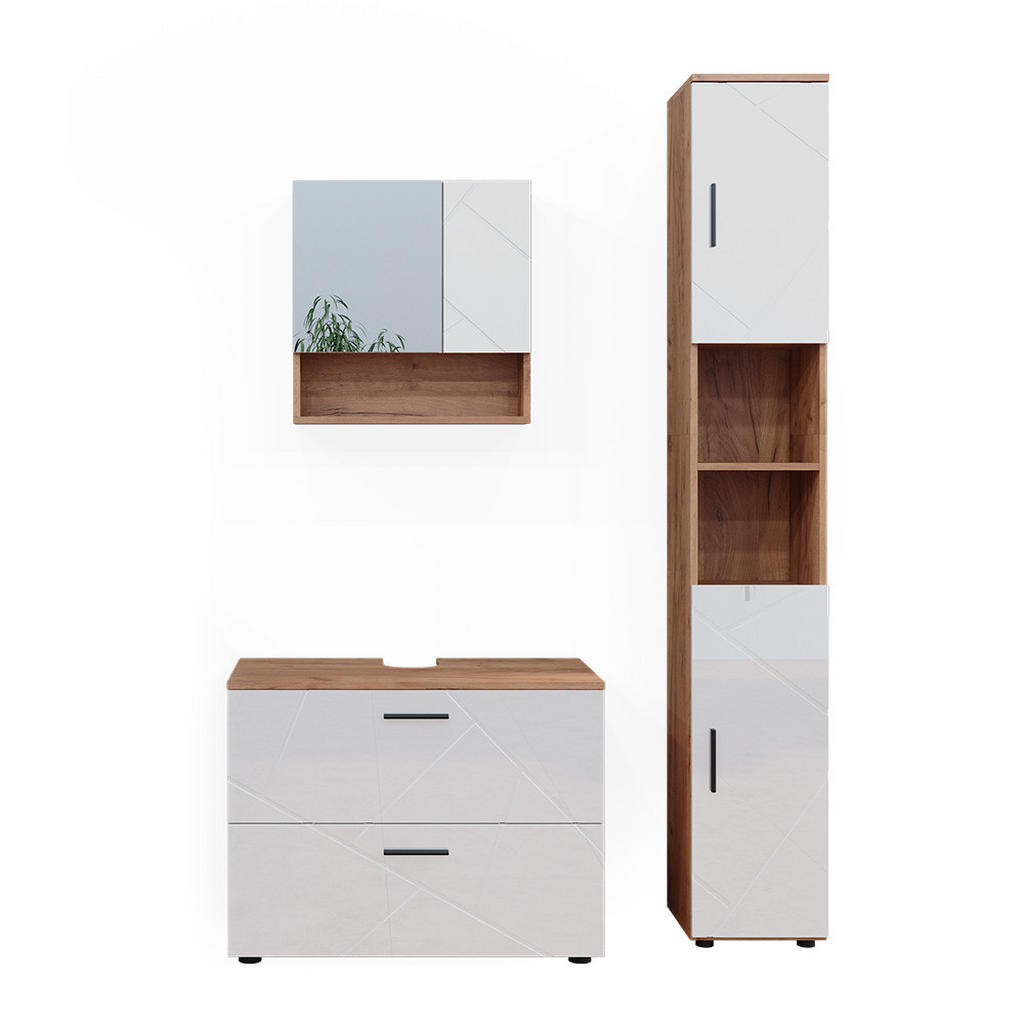 SET MOBILIER BAIE Irma, Alb lucios ridicat/Stejar auriu, 3 piese