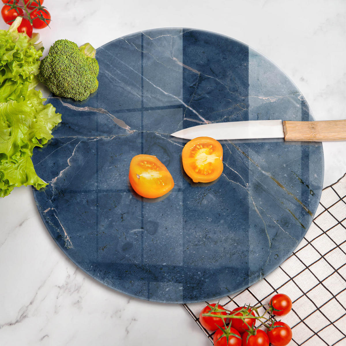 GLASPLATTE Ø 40 cm Stein Textur Marmor - Blau, Glas (40/40cm) - Wallfluent