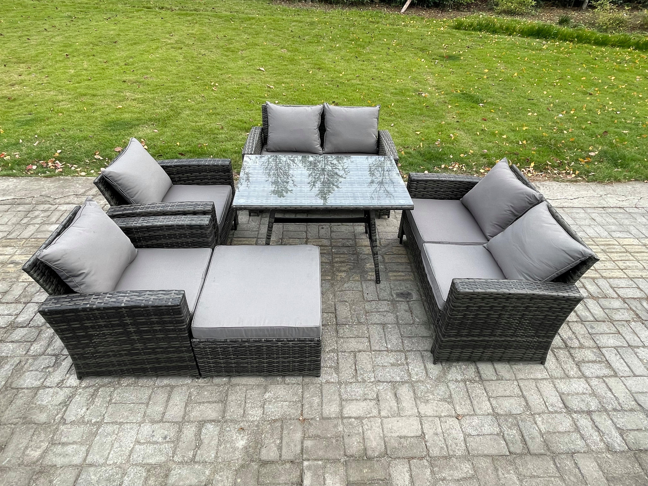 GARTENMÖBELSET mit ESSTISCH,HOCHLEHNER-SOFA Polyrattan Dunkelgrauer Mix 7-Sitzer - Dunkelgrau/Grau, Glas/Kunststoff - Fimous