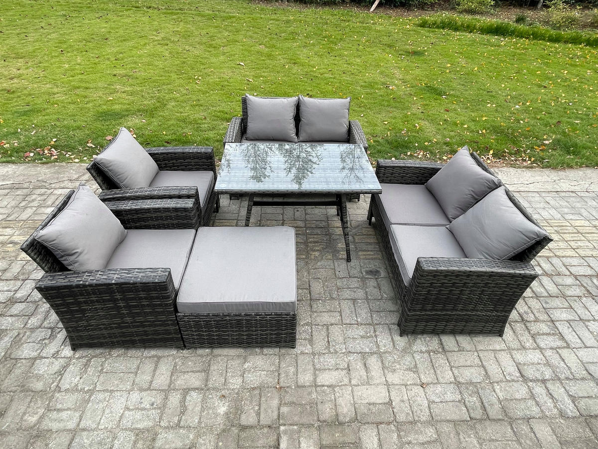 GARTENMÖBELSET mit ESSTISCH,HOCHLEHNER-SOFA Polyrattan Dunkelgrauer Mix 7-Sitzer - Dunkelgrau/Grau, Glas/Kunststoff - Fimous