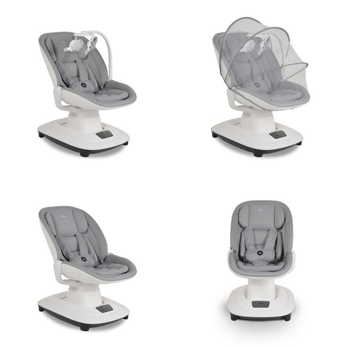 BABYWIPPE Hera hellgrau App-Steuerung, 360° drehbar, Moskitonetz, 5-Punkt-Gurt, 5 Stufen - Silberfarben, Metall - Cangaroo