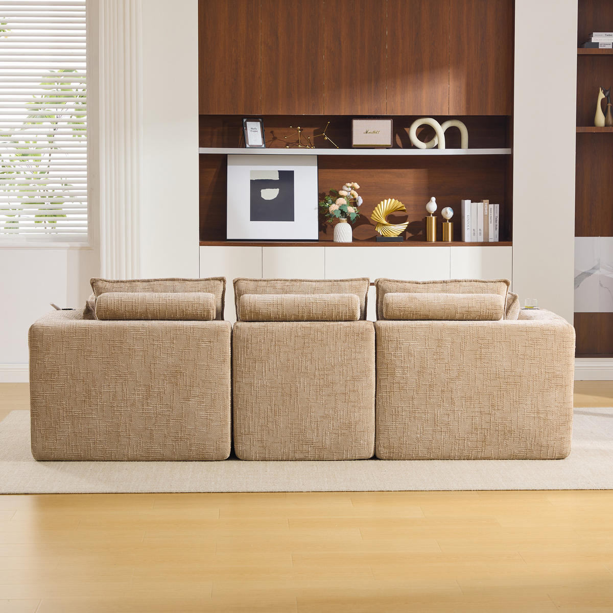 ECKSOFA mit Fußhocker, Getränkehalter und Seitentaschen aus Chenille - Taupe, Textil (256/161cm) - EVRYAE