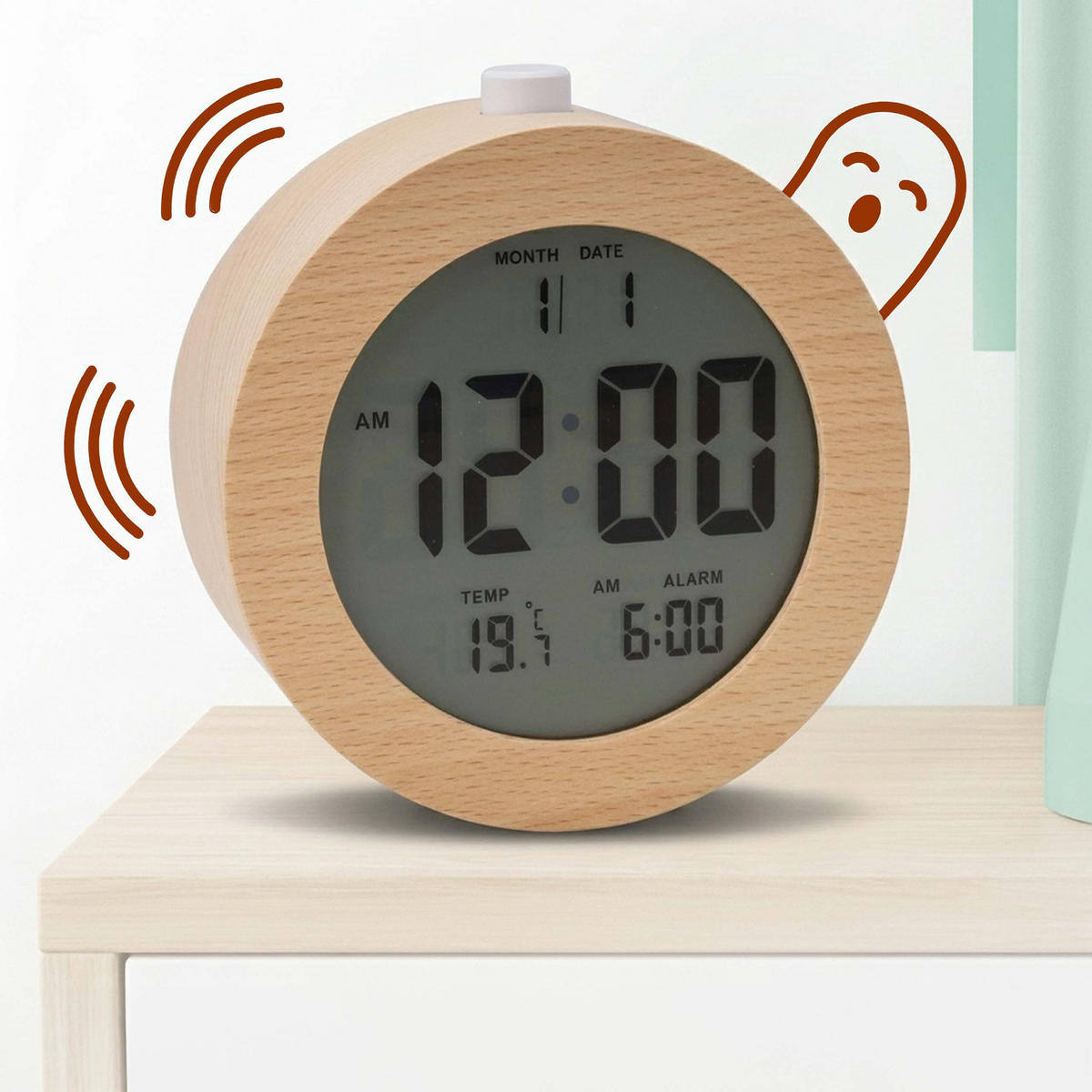 VÄCKARKLOCKA natur bokträ digital - Ljusbrun, Trä/Plast (9.5/9.5/5cm) - Relaxdays