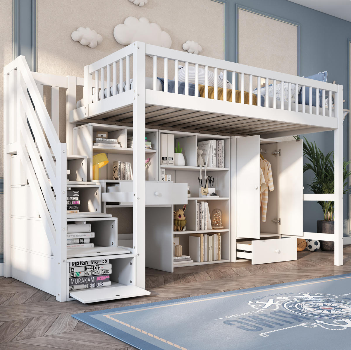 KINDERBETT 90/200 cm mit Schreibtisch, Treppe, Kleiderschrank und Stauraum aus Massivholz/MDF, Weiß - Weiß, Holzwerkstoff (90/200cm) - Redom