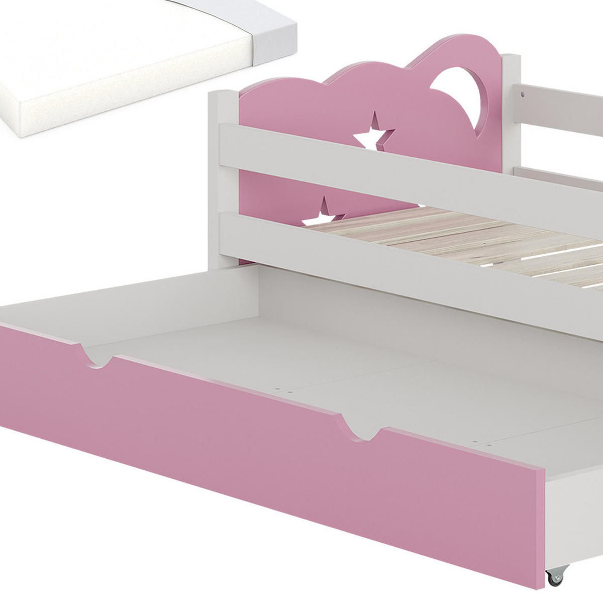 KINDERBETT Jessica Rosa/Weiß 80x160 cm mit Schublade und Matratze - Pink/Weiß, Holzwerkstoff (166/53/86cm) - VitaliSpa