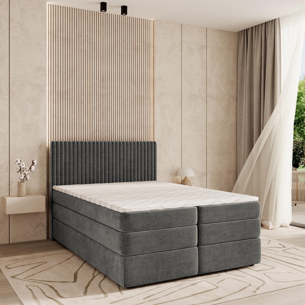 BOXSPRINGBETT FELBIO 160x200 cm mit Matratze und Topper - Grau - Grau, Holz (160/200cm) - MASSENO