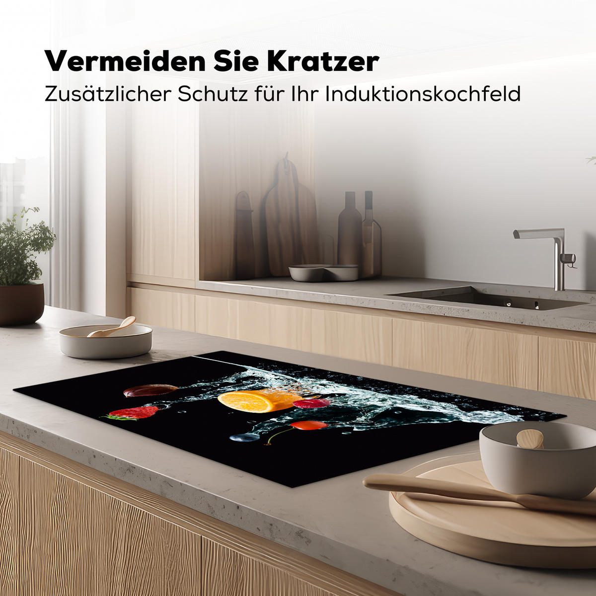 HERDABDECKPLATTE Wasser - Obst - Orange - Erdbeere - Kirsche - Schwarz 90x52 cm - Orange, Kunststoff (90/52/0.2cm) - MuchoWow