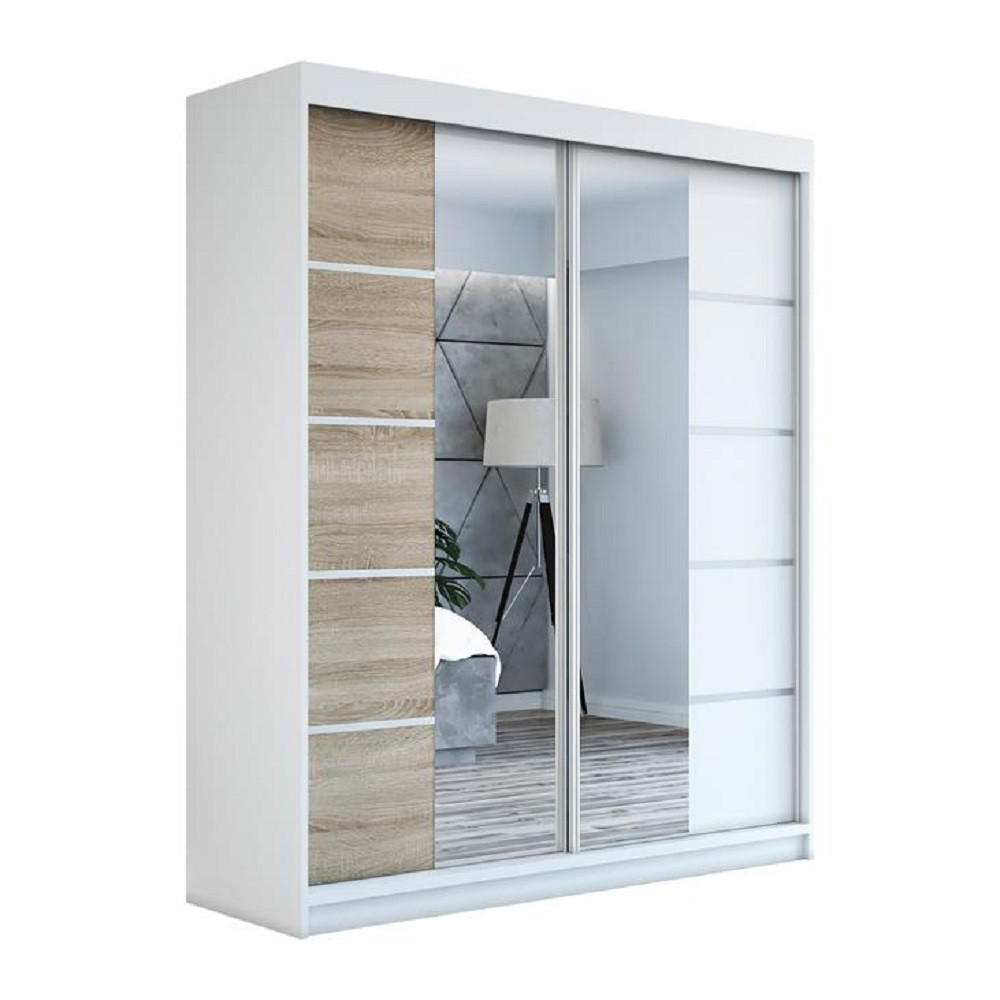 SCHWEBETÜRENSCHRANK 180 cm KOMFORT Farbe:Weiß,sonoma - Weiß/Braun, Holzwerkstoff (180/215/59.5cm) - A&J MöbelLand