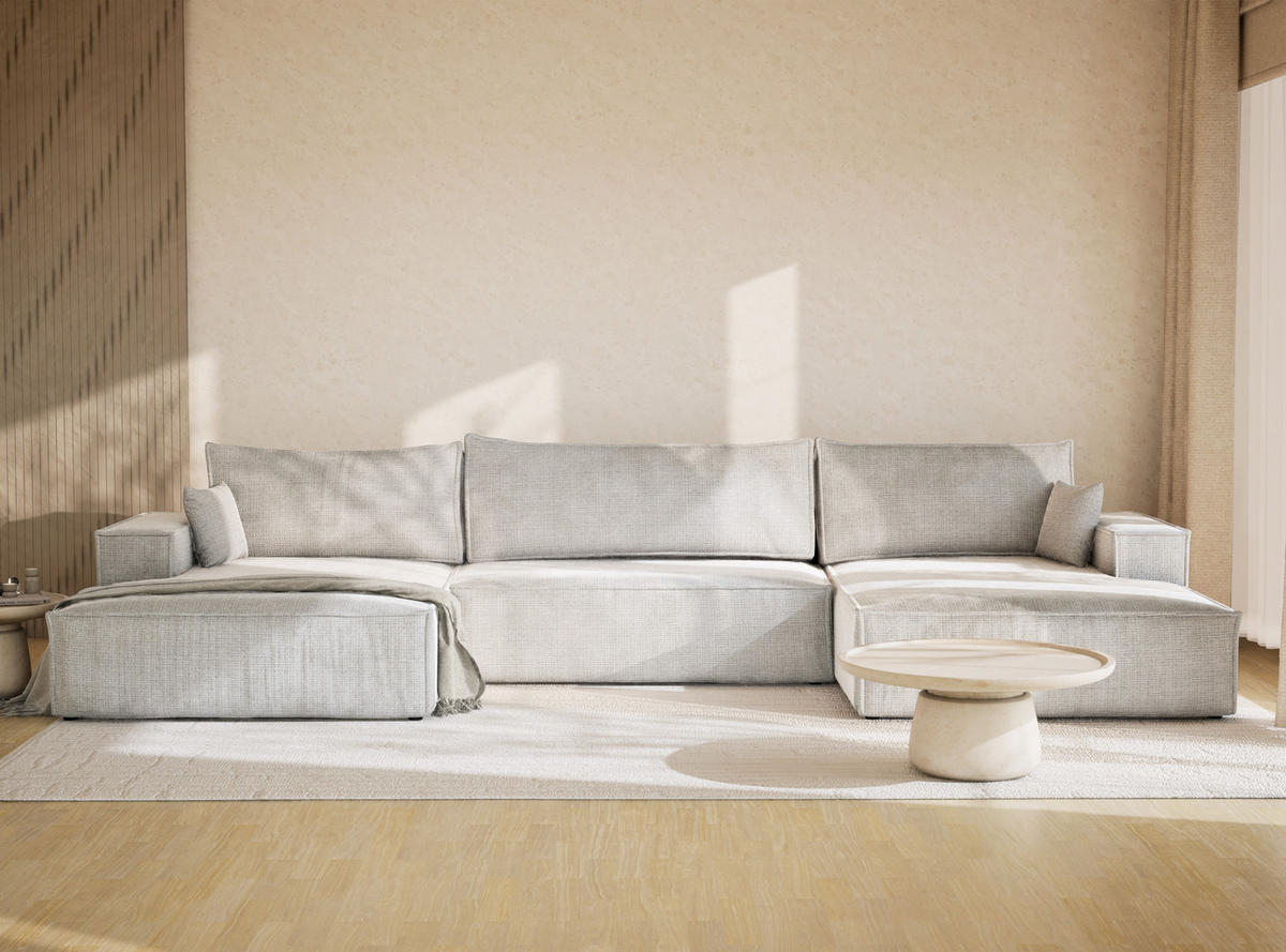 WOHNLANDSCHAFT Kyoto Grau Chenille-Stoff - Schwarz/Grau, Holz/Holzwerkstoff (398/70/148cm) - Maison de Reve