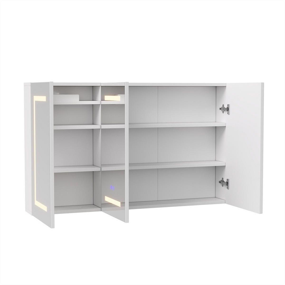 SPIEGELSCHRANK - dreitürig - mit LED-Beleuchtung - Antibeschlag-Funktion und Steckdose - Regalen - Weiß - Weiß, Holzwerkstoff (13.5/60/100.4cm) - DELFA