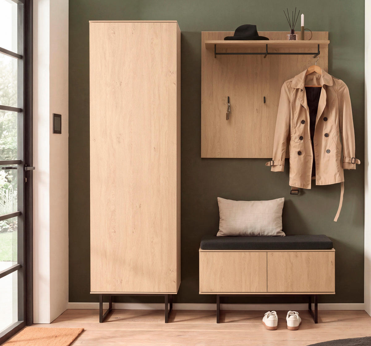 GARDEROBE-SET Stone Eiche 4-teilig 158 cm, Set mit viel Stauraum - Eichefarben/Schwarz, Holzwerkstoff/Metall (158/200/40cm) - Furn.Design