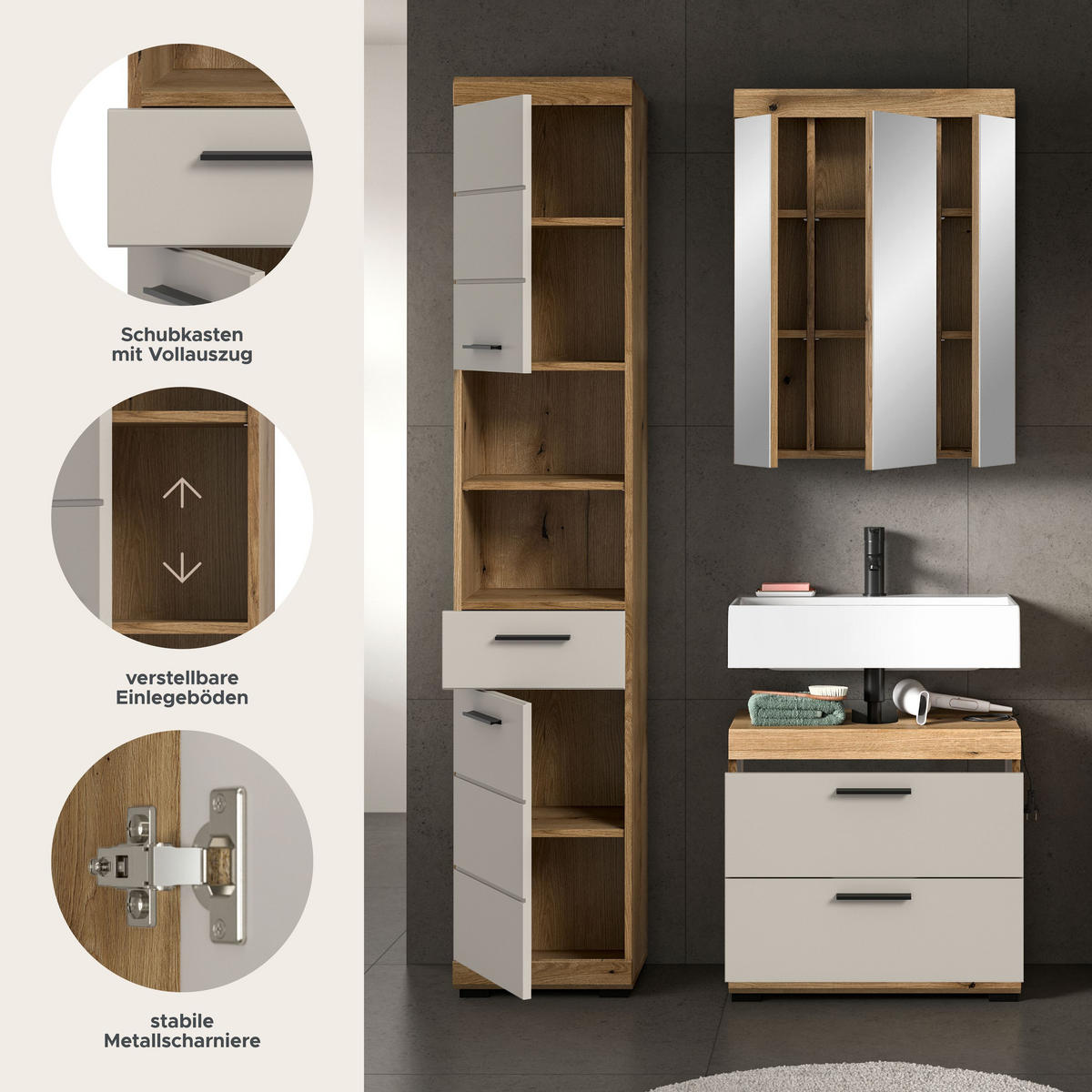 BAD-SET SCOUT 3-tlg. (B/H/T: ca. 112/191/34 cm) in Evoak Oak Nachbildung/- - Eichefarben, Holz (112/191/34cm)