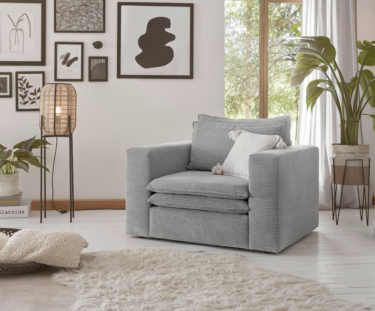 SESSEL hellgrau Cord, Loungesessel 110 cm - Beige/Hellgrau, Holz/Kunststoff (110/83/91cm) - Furn.Design