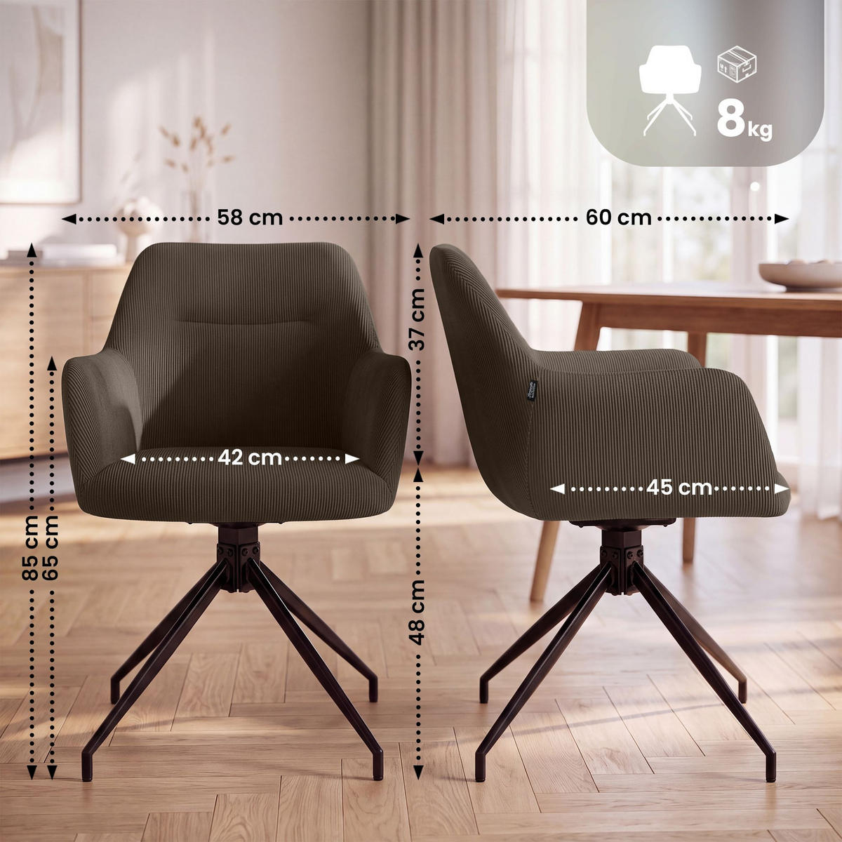 ESSZIMMERSTUHL Cord Dunkelbraun - Dunkelbraun/Schwarz, Textil/Metall (58/85/60cm) - CLP