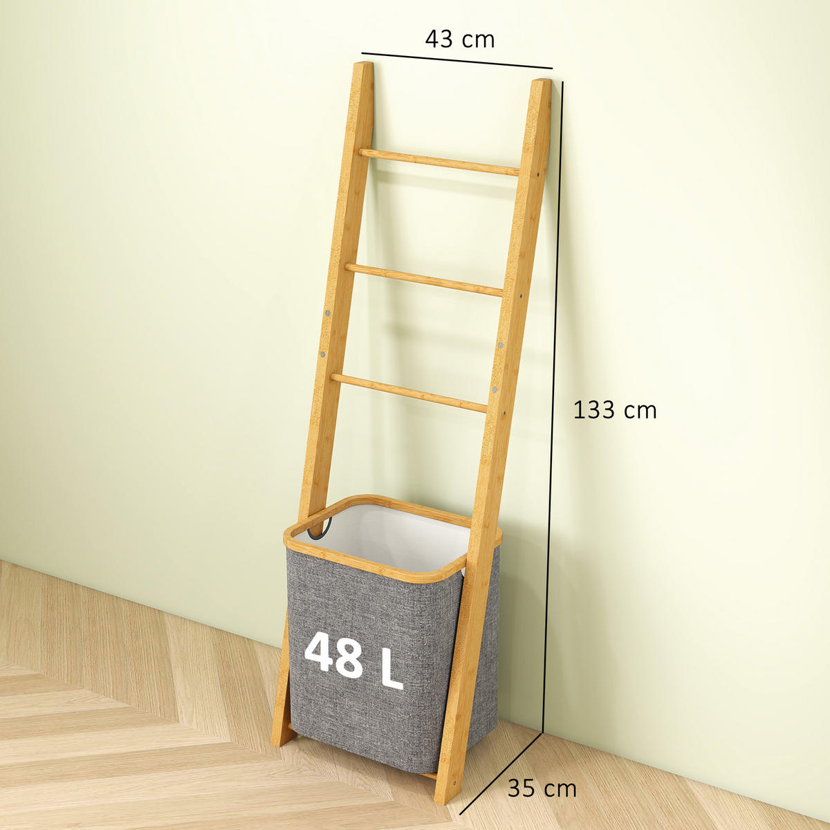 HANDTUCHLEITER DE-17344 mit Wäschekorb (48 l) & 3 Stangen Grau - Grau, Naturmaterialien (43/133/35cm) - ComfortXL