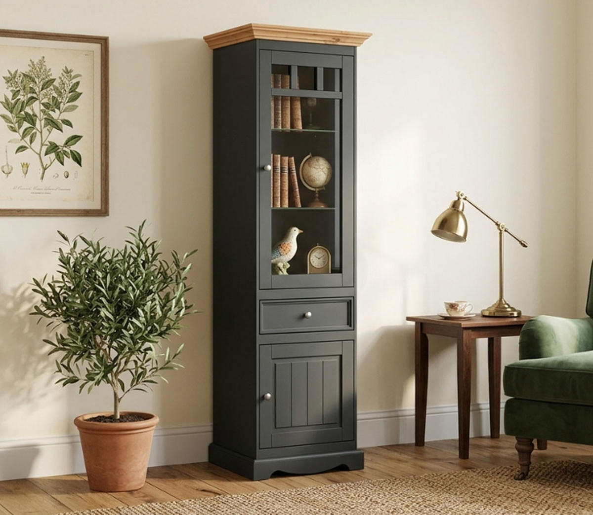 VITRINE Belluno Elegante Kiefer Natur gebeizt / basaltgrau (RAL7012) lackiert 59,5 / 44 / 190cm - Grau/Kieferfarben, Holz/Metall (60/190/44cm) - Feldmann-Wohnen