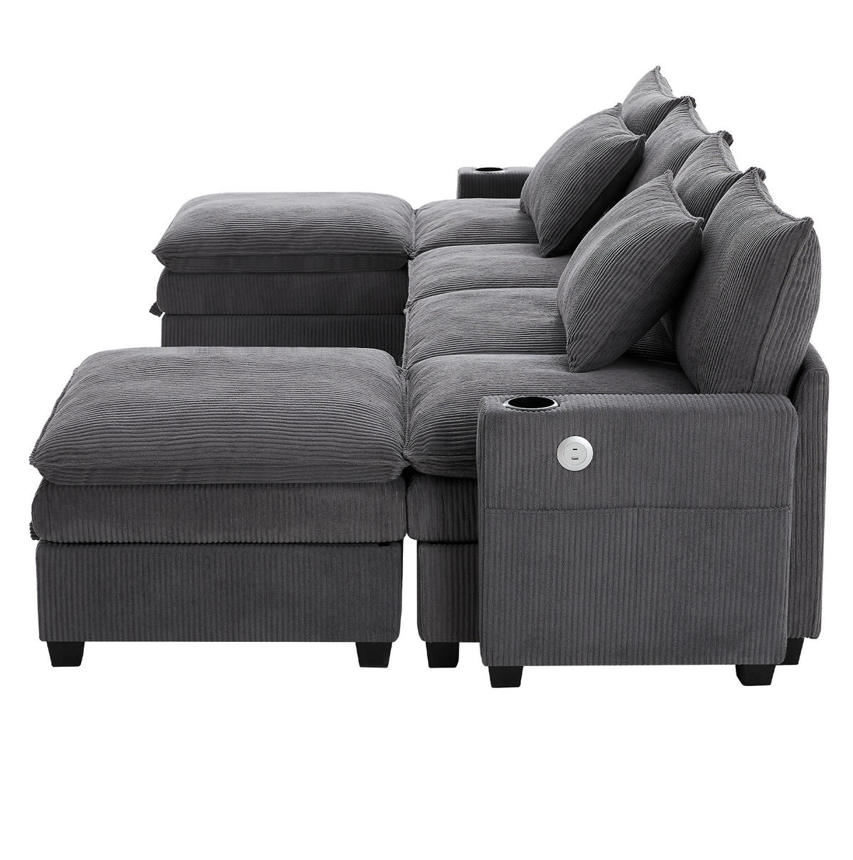 SOFA Modulares L-förmiges mit Fußhockern und USB-Anschlüssen Cord Grau 280/151/82 cm - Grau, Textil (280/151cm) - OKWISH