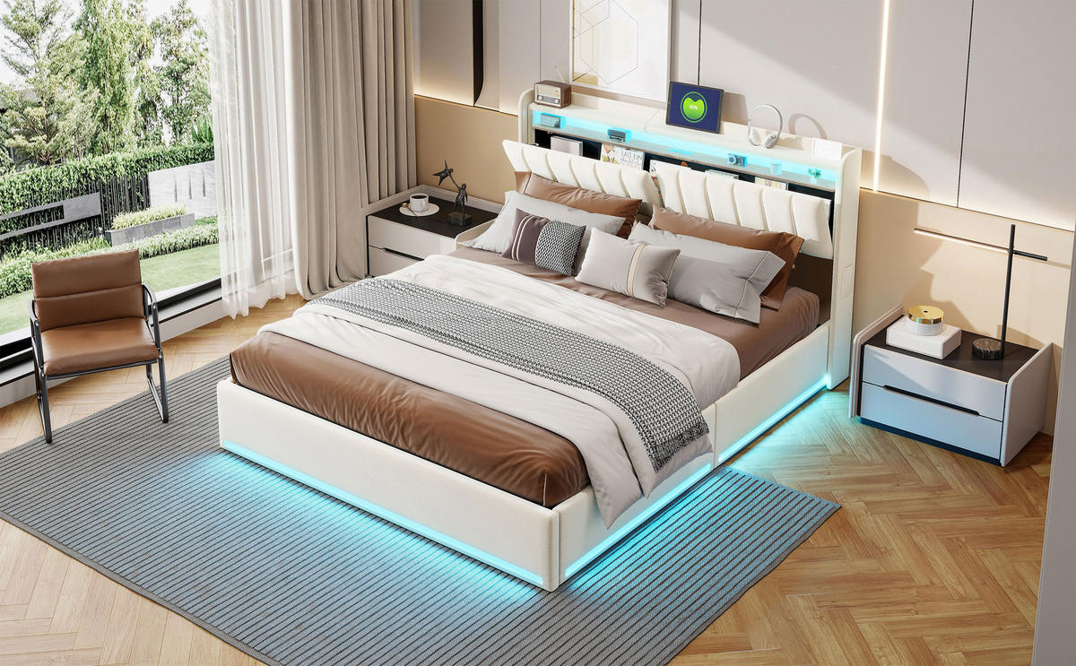 STAURAUMBETT 140x200 cm, LED und USB, Kopfteil mit Stauraum, Samtstoff in Beige - Beige, Holz/Textil (140/200cm) - BRILVERDE