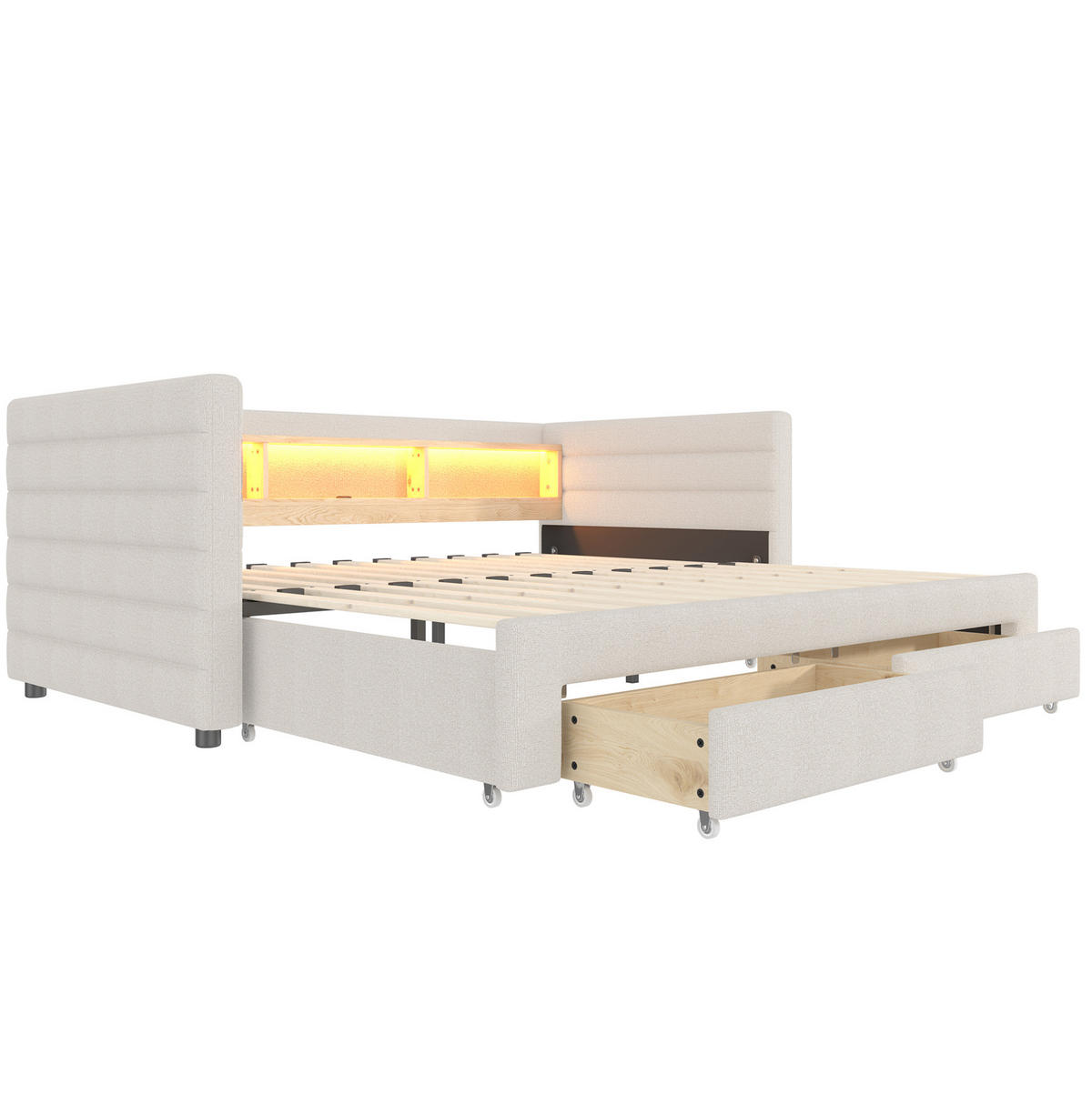 TAGESBETT 90/190 cm Beige aus Samt mit Ausziehfunktion und LED - Beige, Textil (90/190cm) - OKWISH