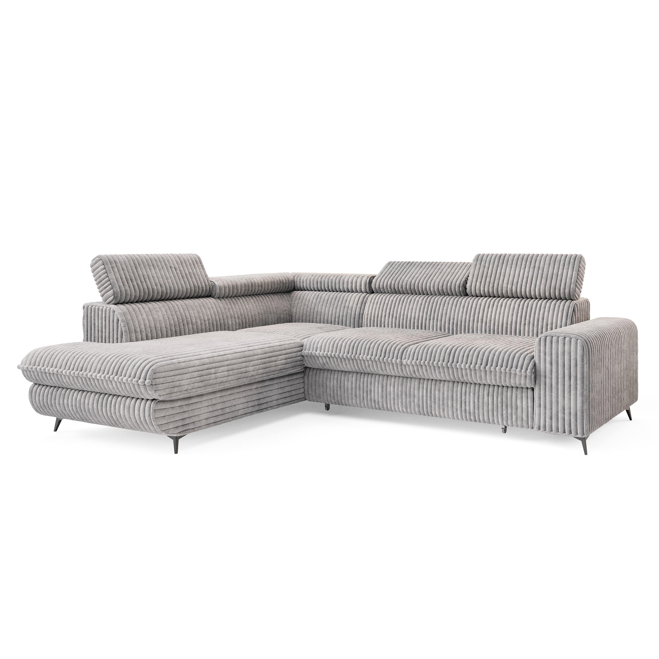 ECKSOFA VELISS Hellgrau Kordstoff mit Schlaffunktion - Grau, Holz (255/193cm) - MASSENO