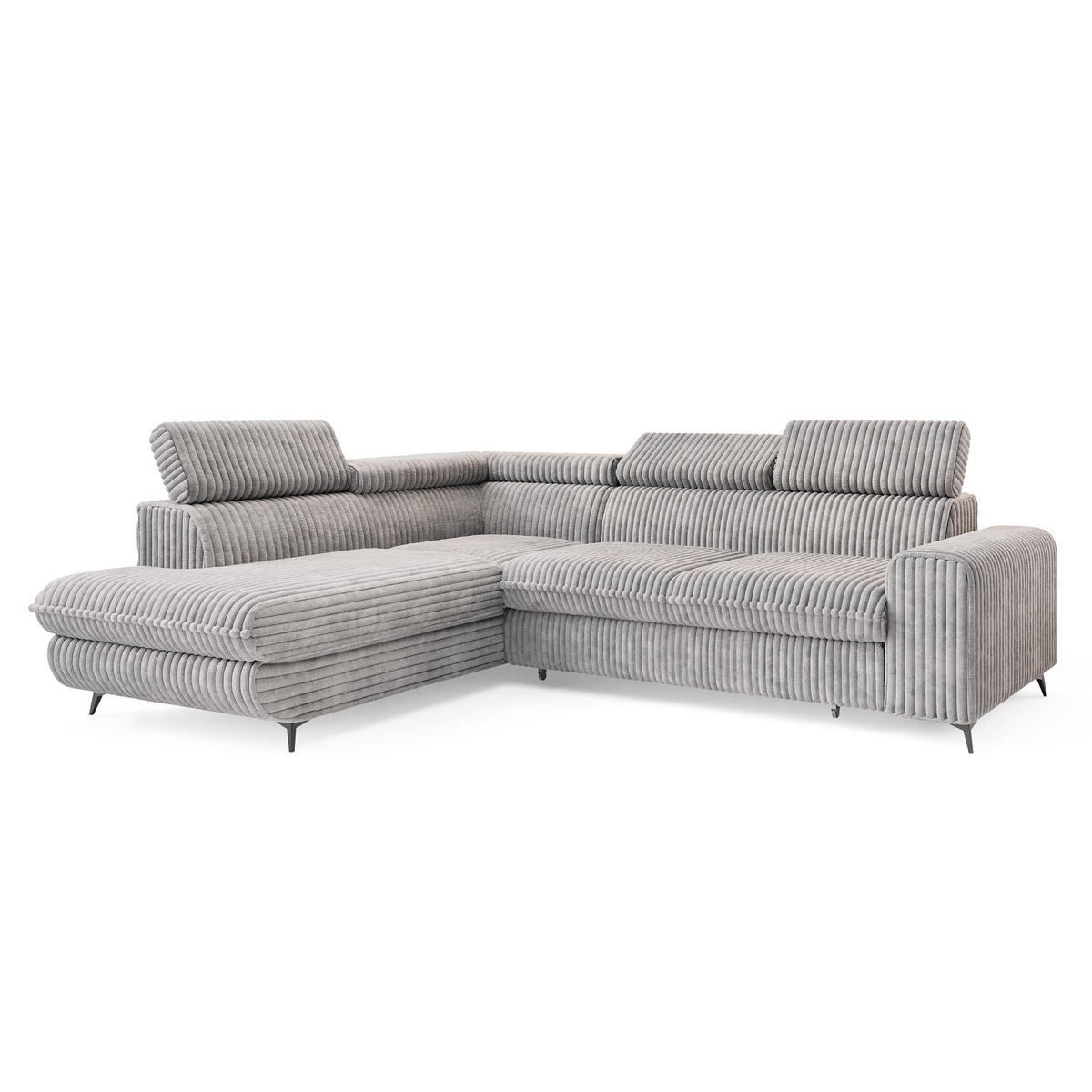 ECKSOFA VELISS Hellgrau Kordstoff mit Schlaffunktion - Grau, Holz (255/193cm) - MASSENO