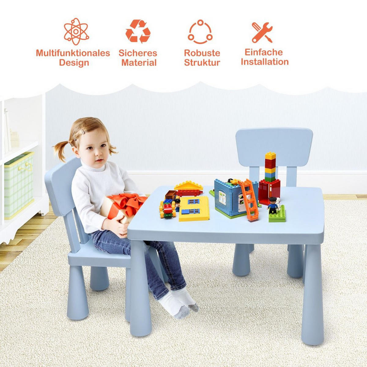 KINDERTISCH mit 2 Stühlen blau(3-tlg) - Blau, Kunststoff (76.5/49.5/54.5cm) - COSTWAY