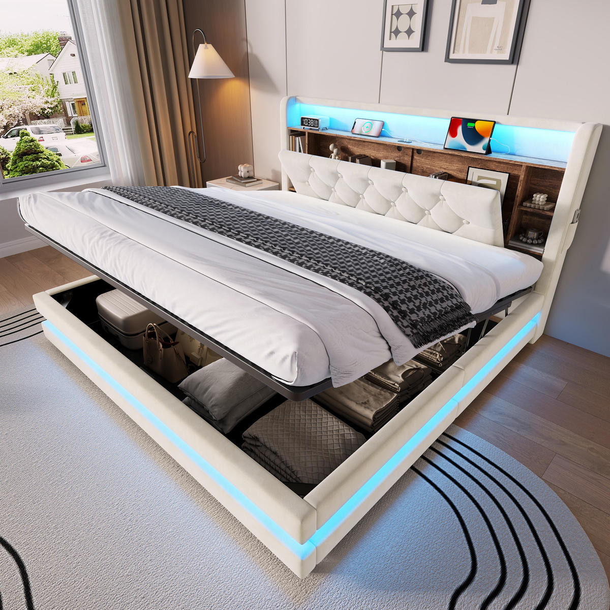 POLSTERBETT aus Samt 160x200 cm Beige mit Bettkasten, LED-Beleuchtung, USB- und Type-C-Anschlüssen - Beige, Textil (160/200cm) - Modfu