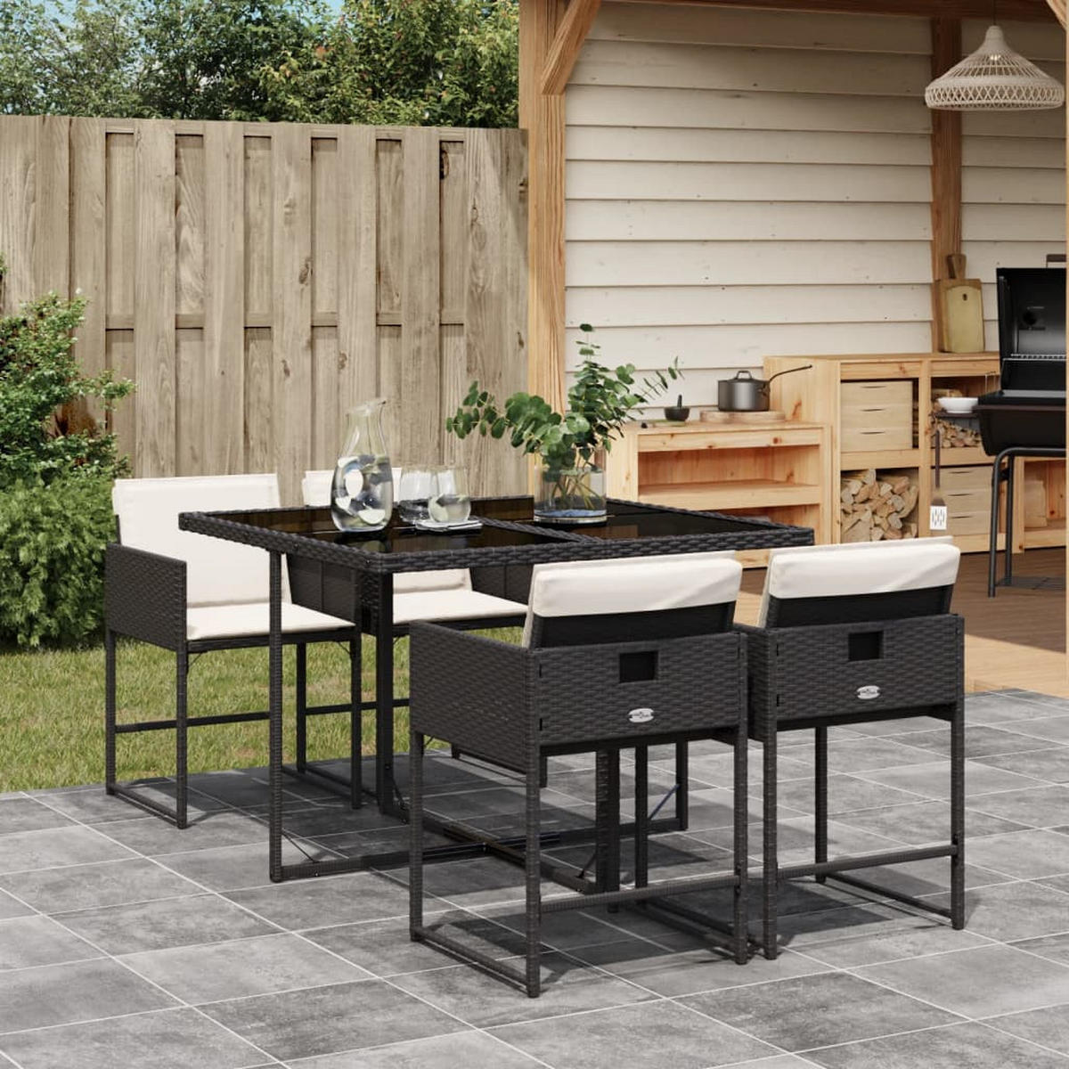 GARTEN-ESSGRUPPE 5-teilig Mit Kissen Schwarz Poly Rattan - Schwarz, Kunststoff - vidaXL