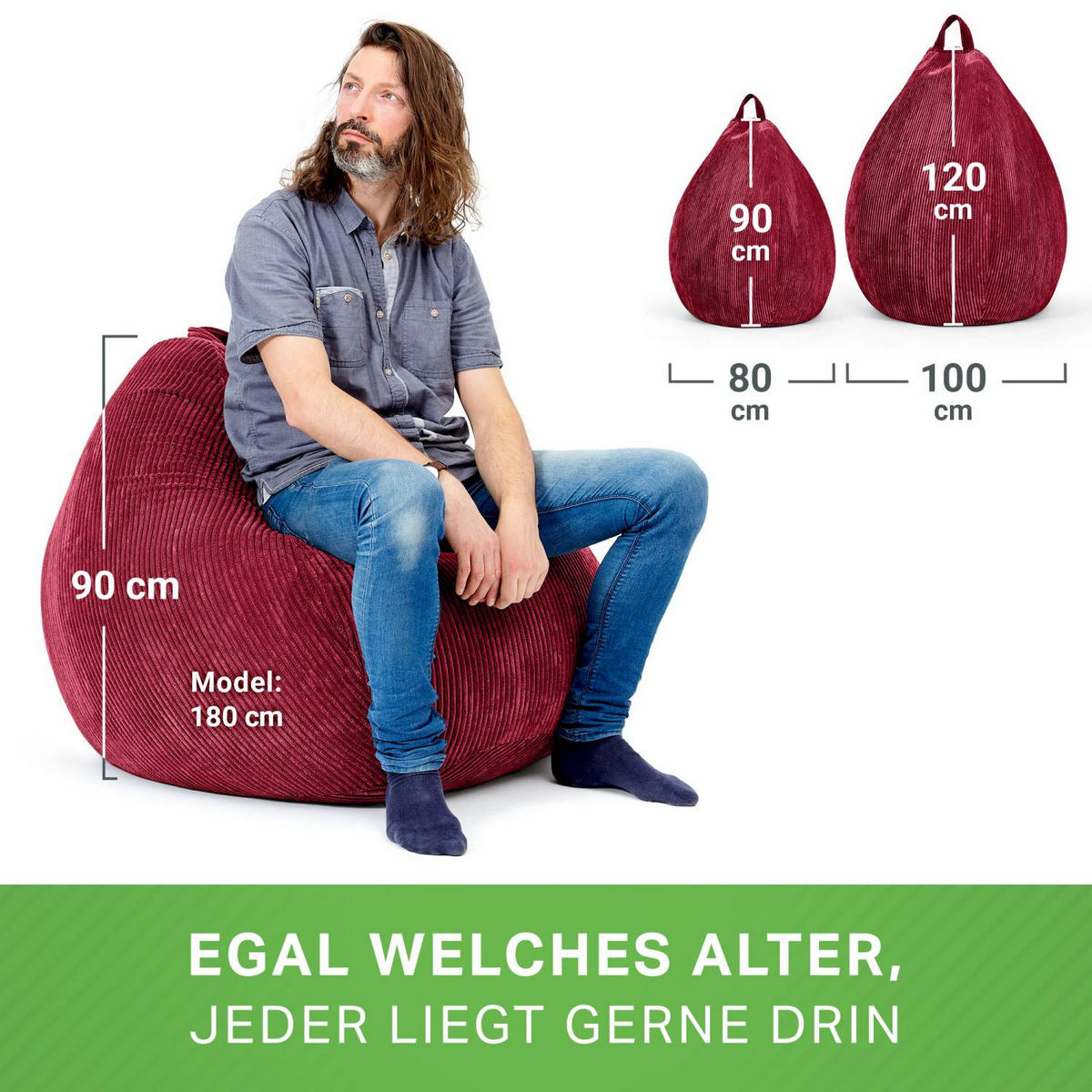 SITZSACK Indoor "Scoop" 90x110cm - Cord - Rot, Textil (90/110/90cm) - Green Bean