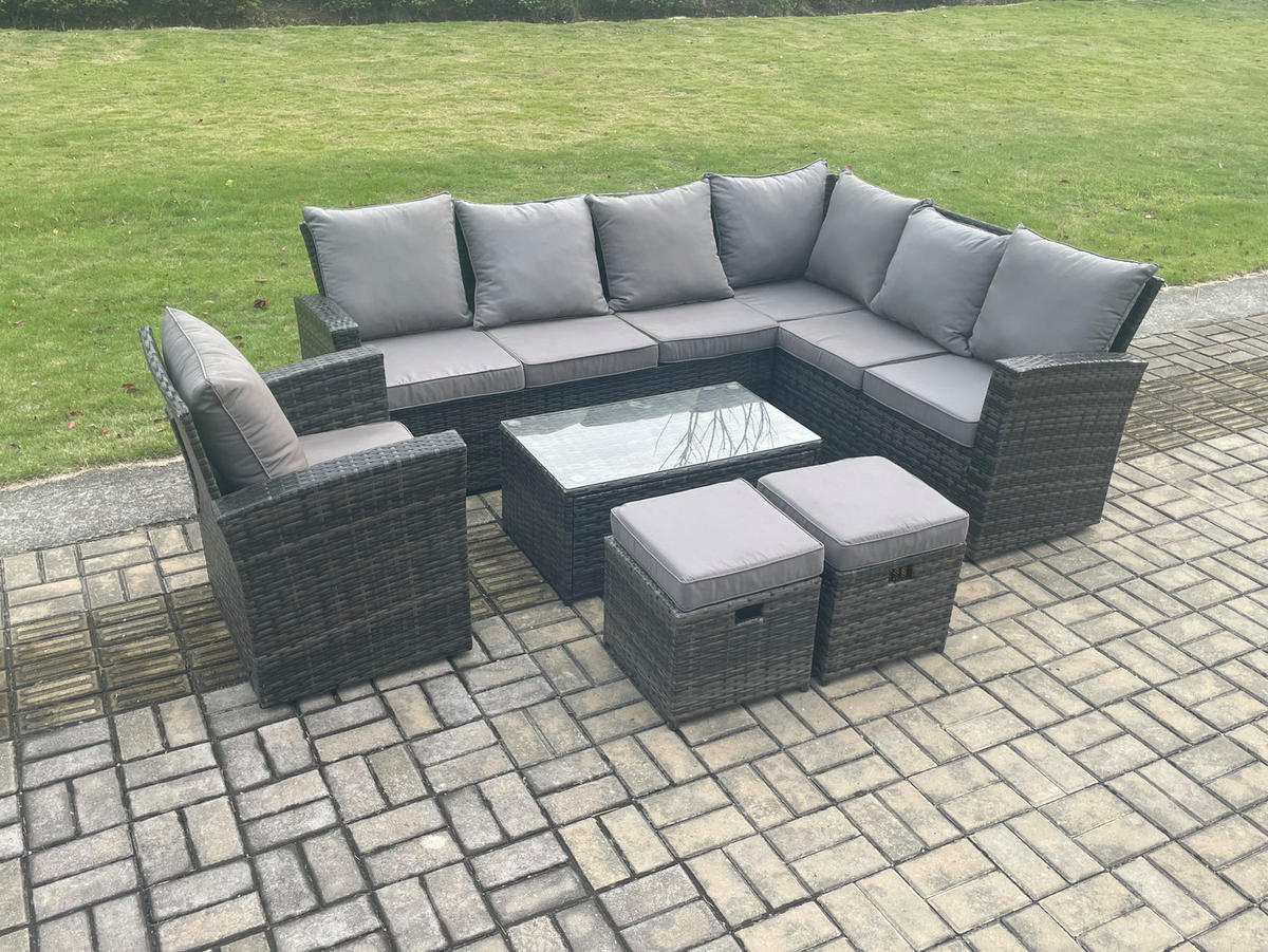 LOUNGEGARNITUR mit Couchtisch Sofa Polyrattan Dunkelgrau 9-Sitzer - Dunkelgrau/Grau, Glas/Kunststoff - Fimous