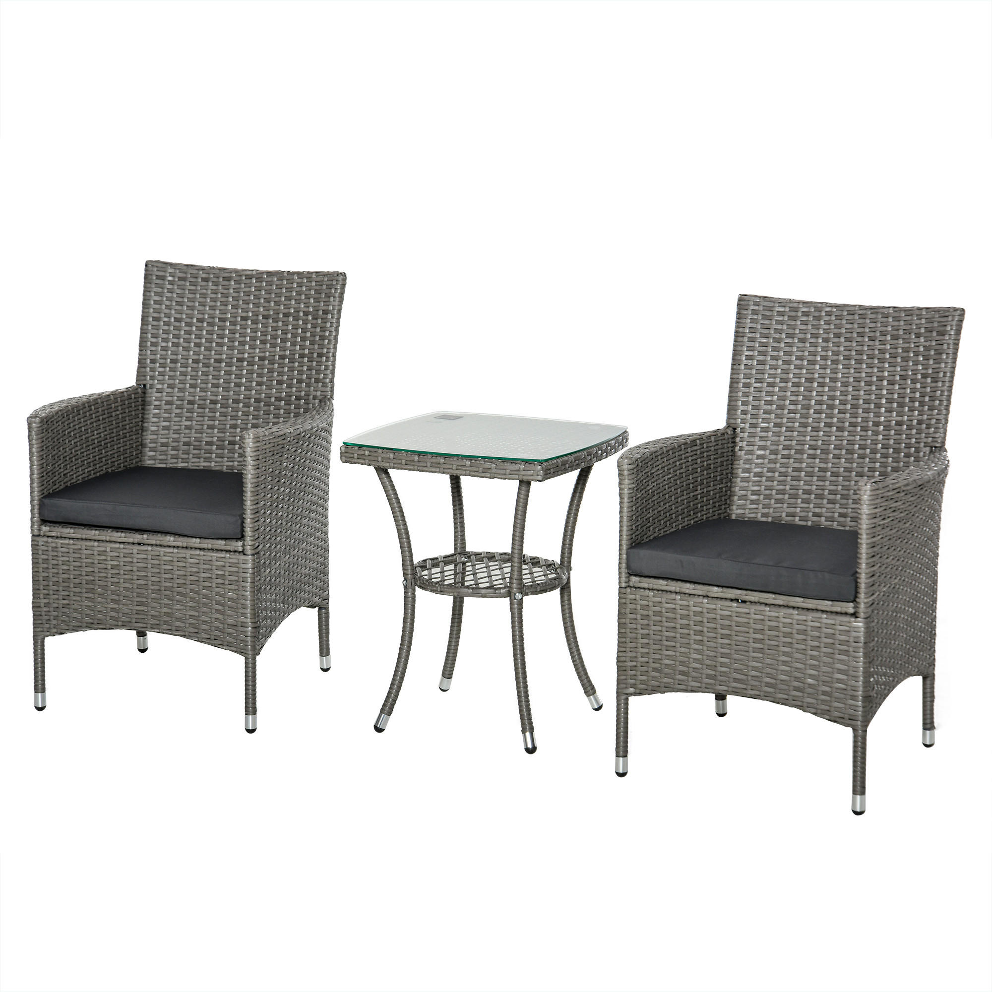Outsunny 3-teiliges Rattan-Gartenmöbel-Set – 2 Stühle + Tisch Mit Glasplatte, PE-Rattan, Schwarz