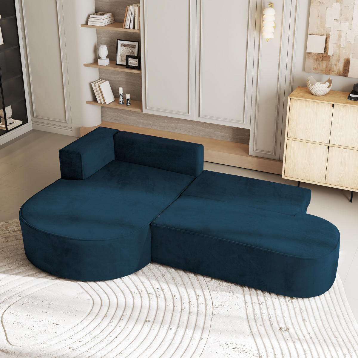 ECKSOFA CORTIO M L-S Blau Velours-Stoff mit Schlaffunktion - Blau, Holz (265/174cm) - MASSENO