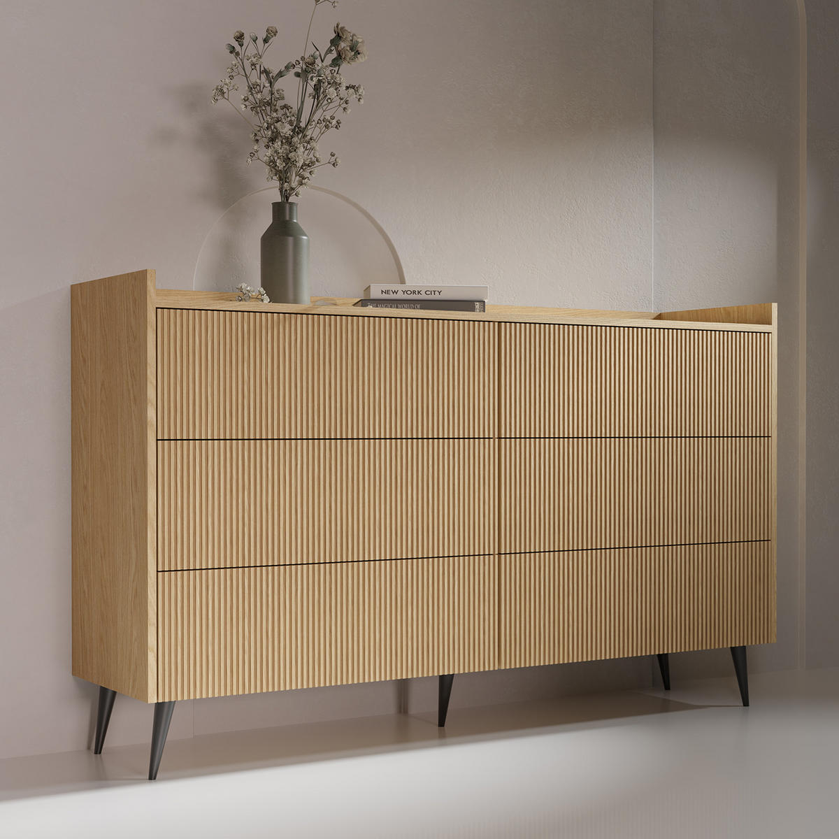 KOMODA Amfali se 6 zásuvkami, drážkovaná čela, systém Push-to-open, kovové nohy, 150 cm, jarní dub - černá/barva dubu, kov/kompozitní dřevo (150/92/41cm) - Beautysofa