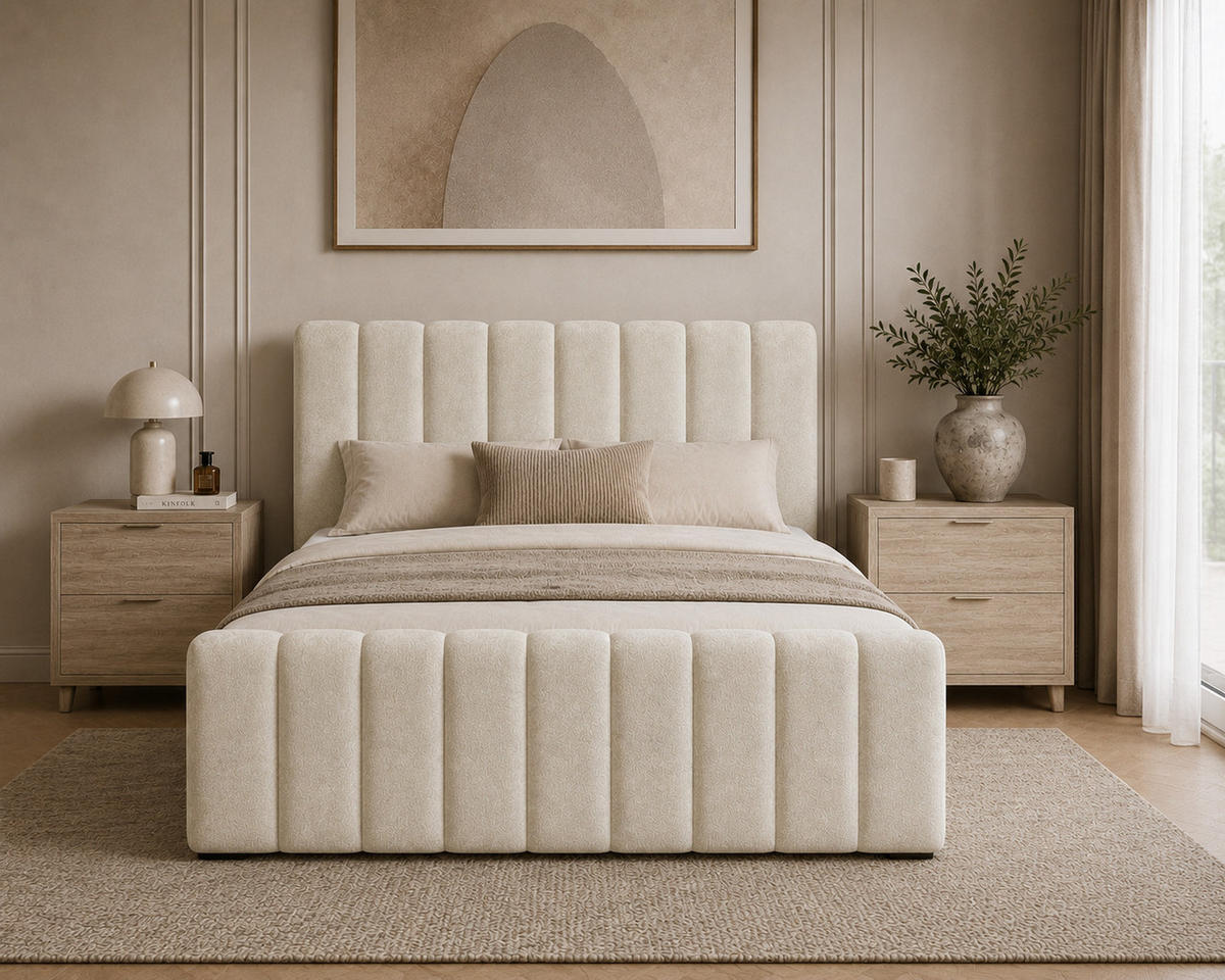 BOXBETT 01 BIS 160 x 200 cm - Vibe - Modernes Polsterbett mit Bettkasten inkl. PU-Schaum-Topper und Federmechanismus - Beige, Holz (160/200cm) - ROYAL24_MARKT