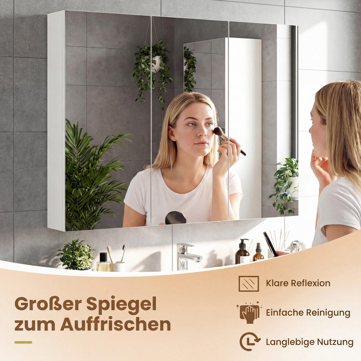 BAD-SPIEGELSCHRANK mit 3 Türen weiß - Weiß, Holzwerkstoff (87/12.5/65cm) - COSTWAY