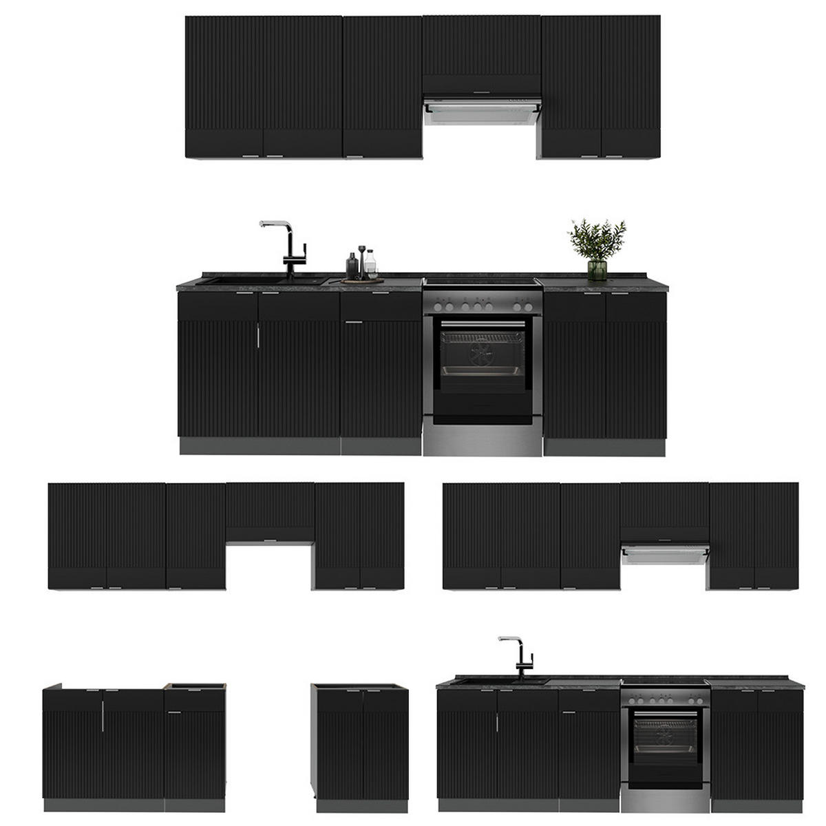 KÜCHENZEILE Fame-Line, Schwarz gestreift/Anthrazit, 240 cm, AP Eiche - Anthrazit/Schwarz, Holzwerkstoff (240/81.6/60cm) - Vicco