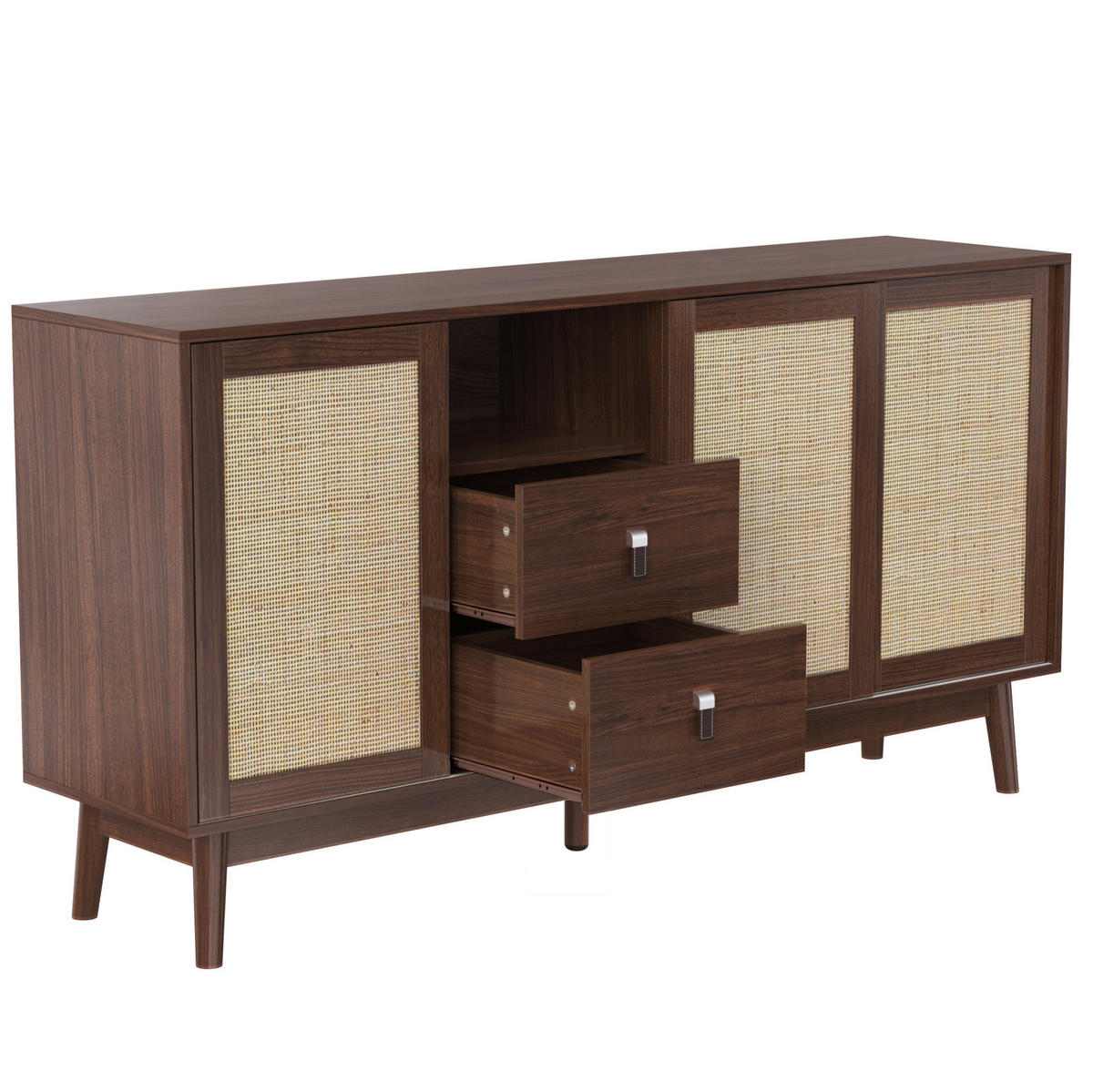 KOMMODE aus MDF & Spanplatte 155x38x80cm in Walnussfarben mit Schiebetüren - Walnussfarben, Holzwerkstoff (155/80/38cm) - Modfu