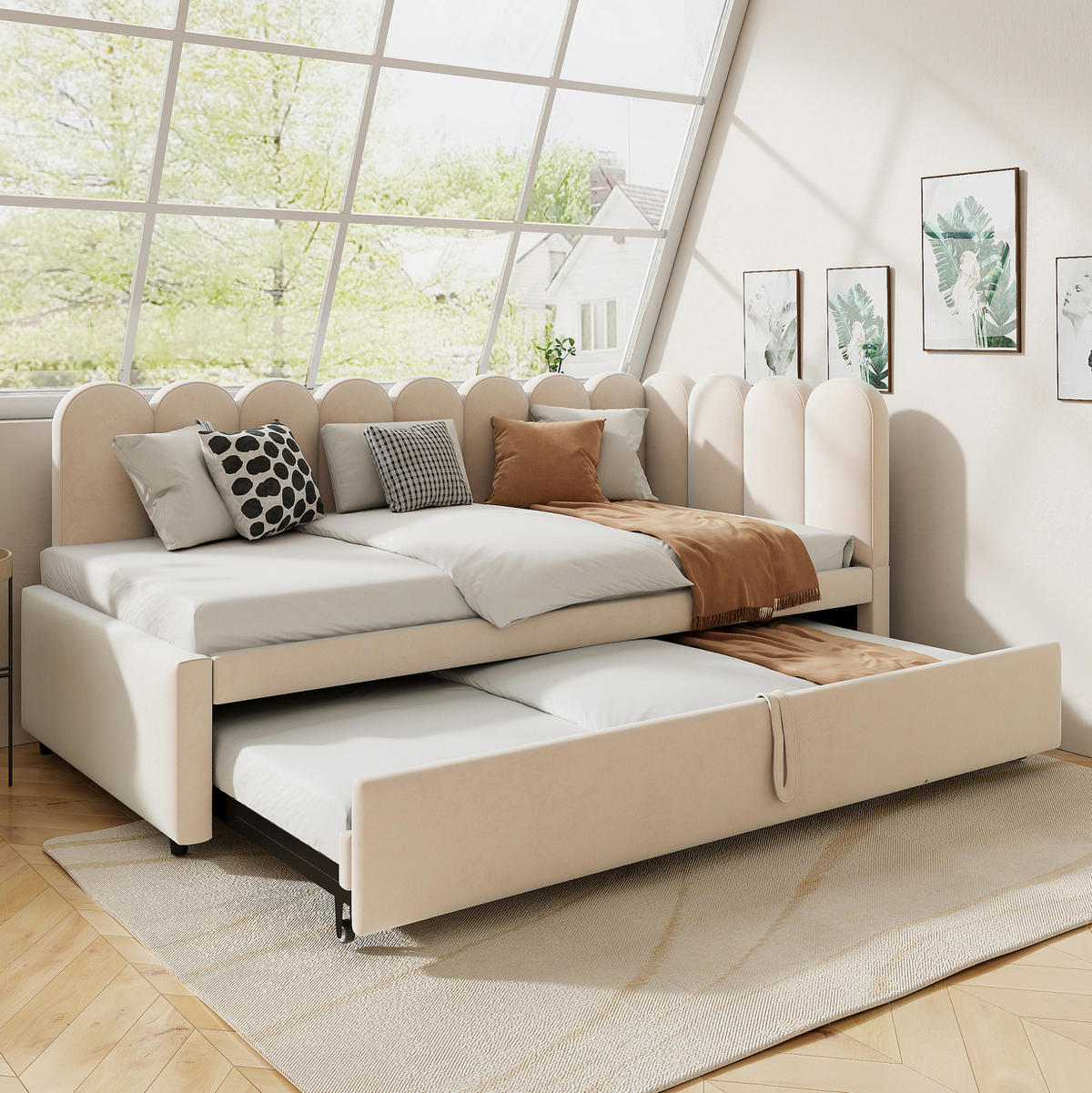 POLSTERBETT aus Samt 90/180x200 cm in Beige mit Ausziehbett - Beige, Textil (90/200cm) - Modfu