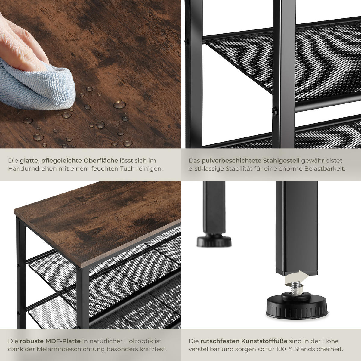 SCHUHREGAL Newport,80,5 x 30,5 x 72,5 cm,Industrial Holz dunkel, rustikal - Rostfarben, Metall (30.5/72.5/80.5cm) - tectake