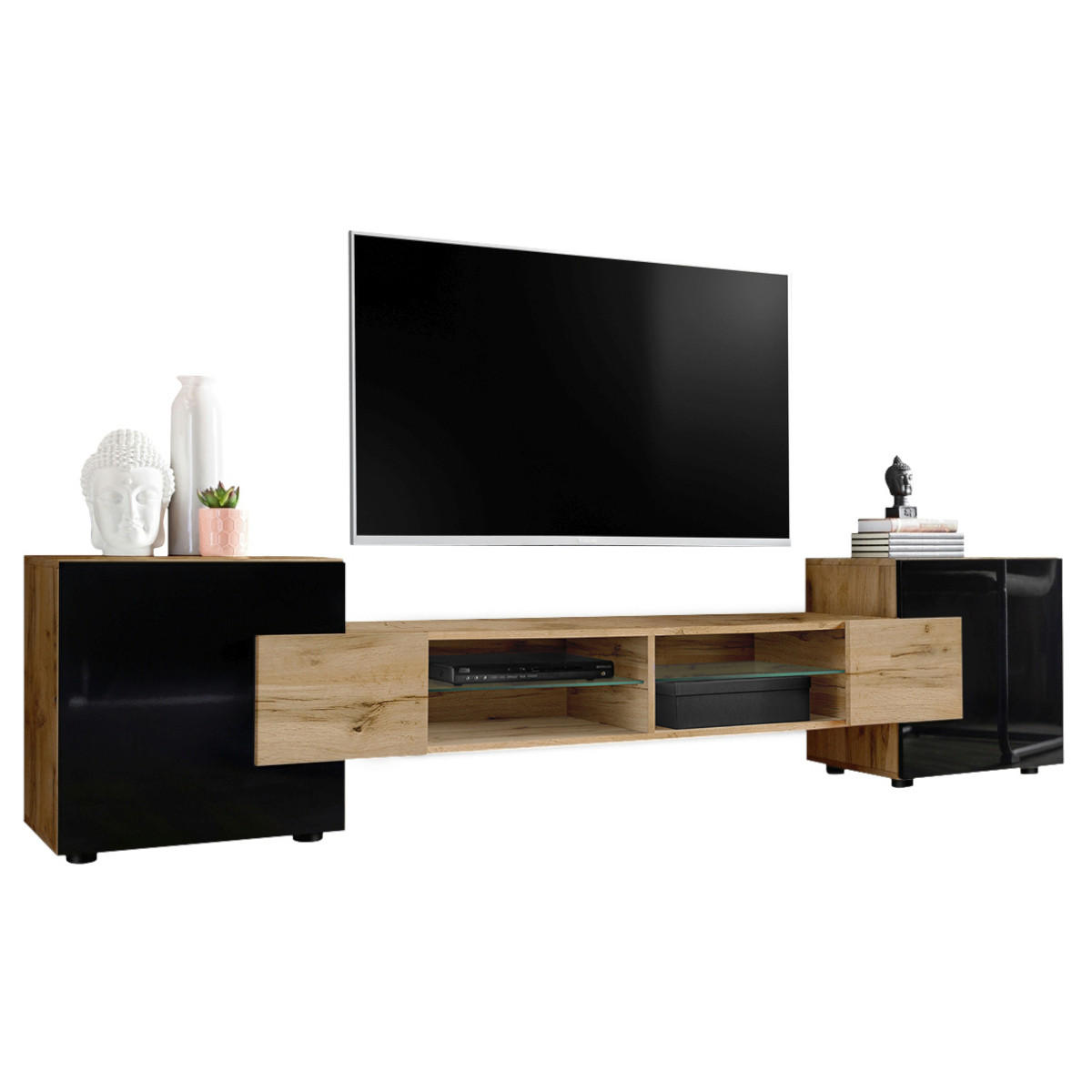 LOWBOARD MERANO Eiche Wotan - Eiche Wotan/Schwarz, Glas/Holzwerkstoff (230/52.5/35cm) - Komodee